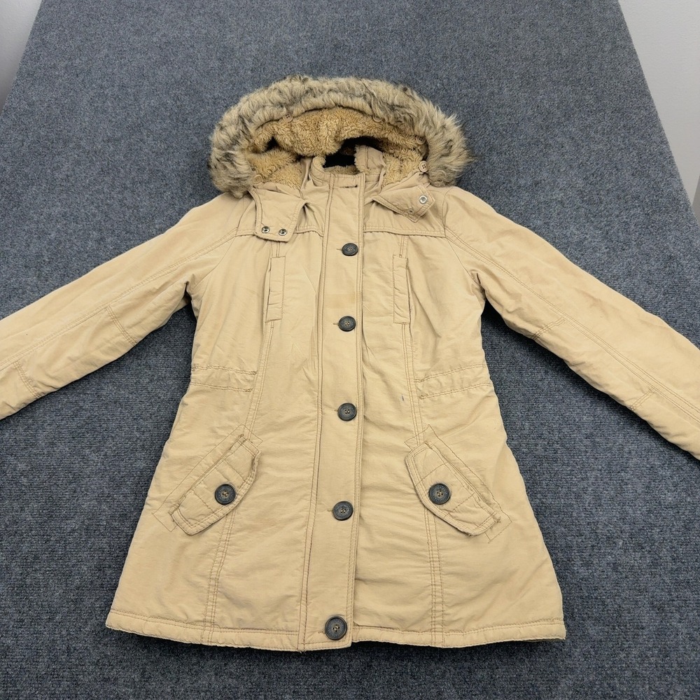 Aeropostale Jacket Womens M Tan Cotton Blend Faux Fur Hooded Parka Winter Casual